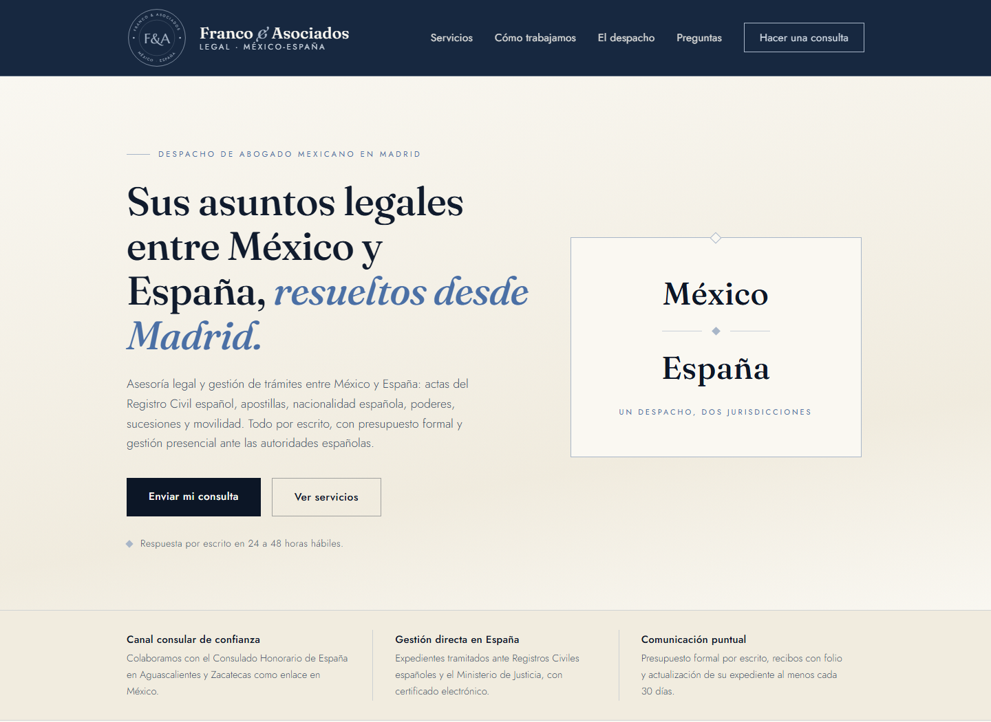 Captura de la landing de Franco y Asociados Legal